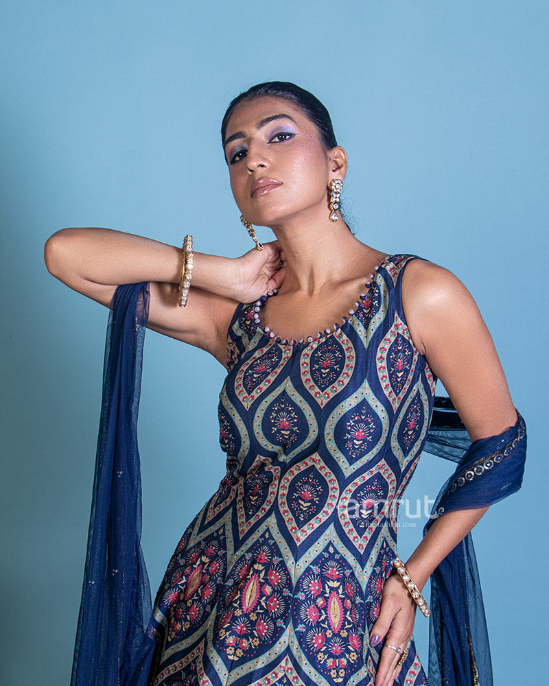 Dark Blue Printed Anarkali Dress for Timeless Grace