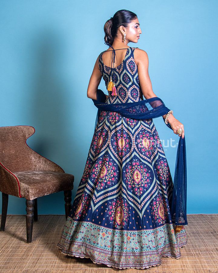 Dark Blue Printed Anarkali Dress for Timeless Grace