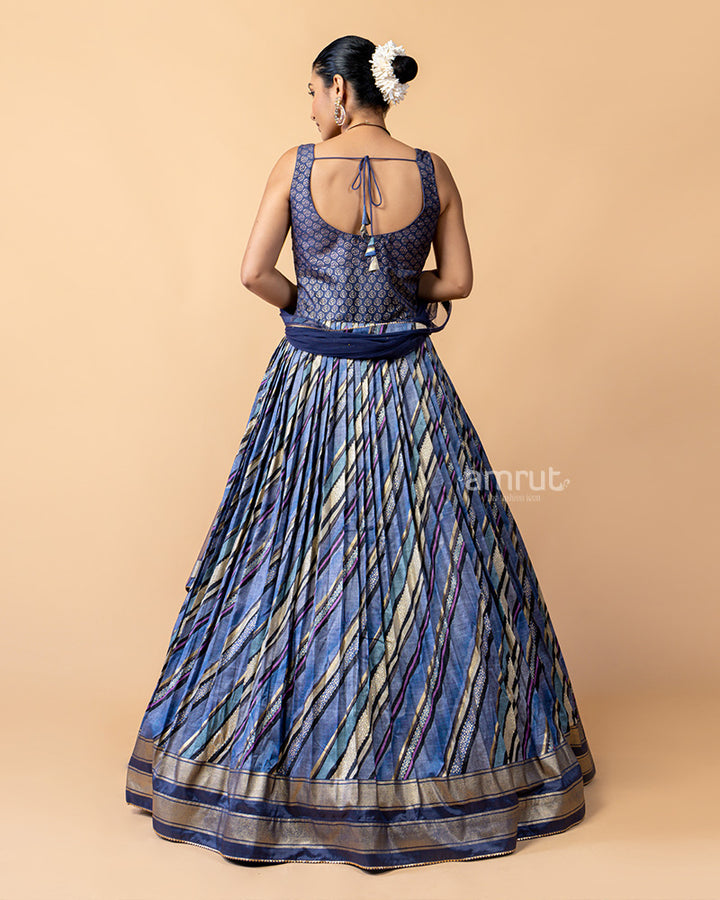 Dark Blue Printed Gown with Net Dupatta