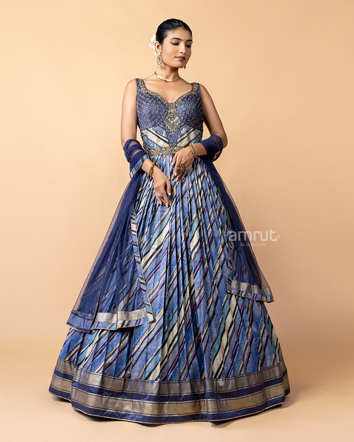 Dark Blue Printed Gown with Net Dupatta