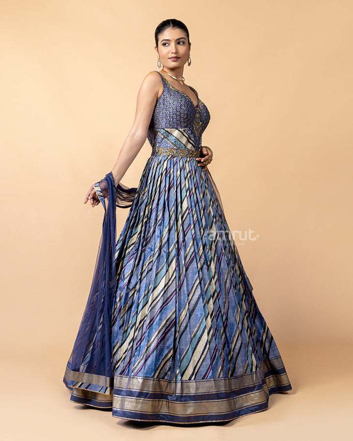 Dark Blue Printed Gown with Net Dupatta