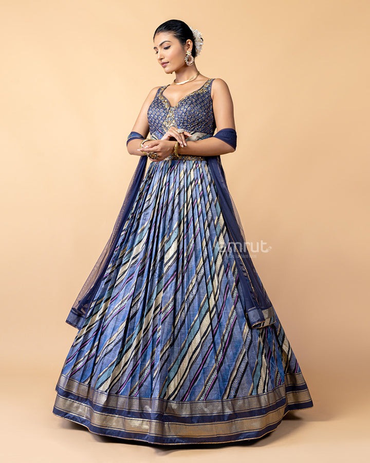 Dark Blue Printed Gown with Net Dupatta