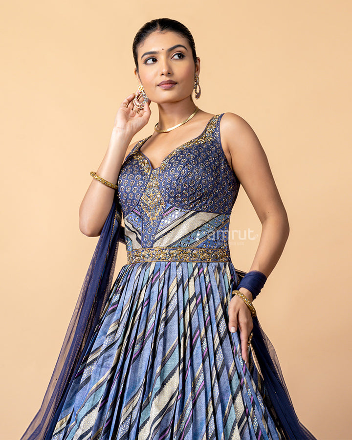 Dark Blue Printed Gown with Net Dupatta