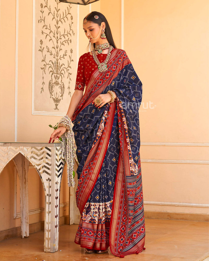 Dark Blue Saree Patola With Unstitched Blouse in Silk