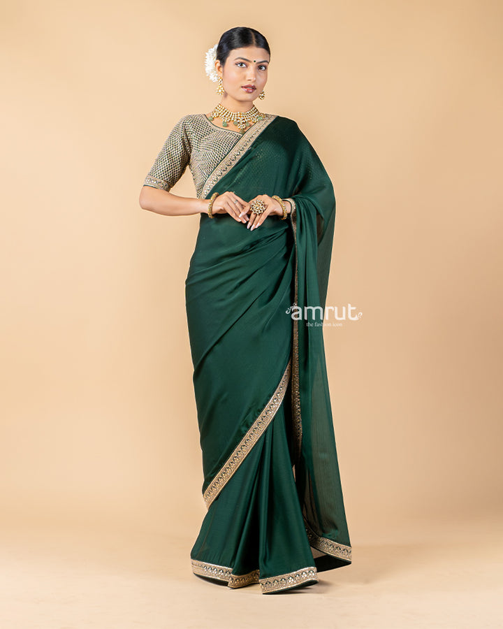 Dark Green Chiffon Saree With Stitched Blouse