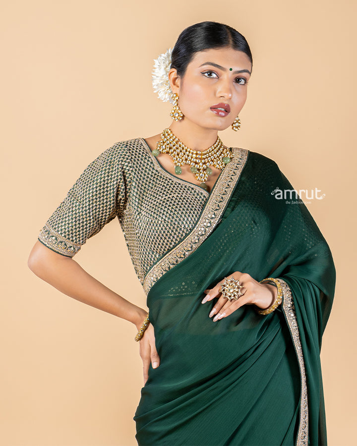 Dark Green Chiffon Saree With Stitched Blouse