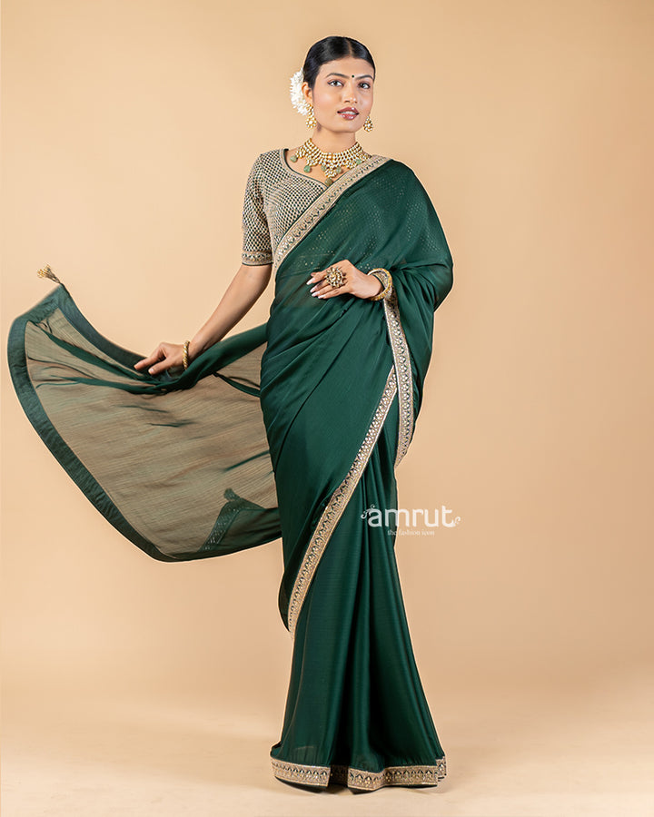 Dark Green Chiffon Saree With Stitched Blouse