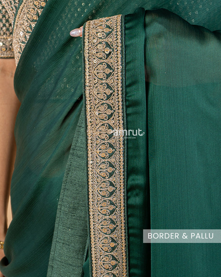 Dark Green Chiffon Saree With Stitched Blouse