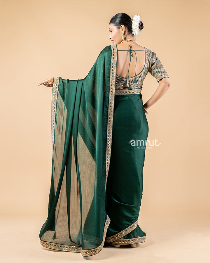 Dark Green Chiffon Saree With Stitched Blouse