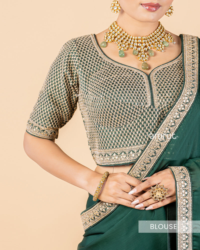 Dark Green Chiffon Saree With Stitched Blouse