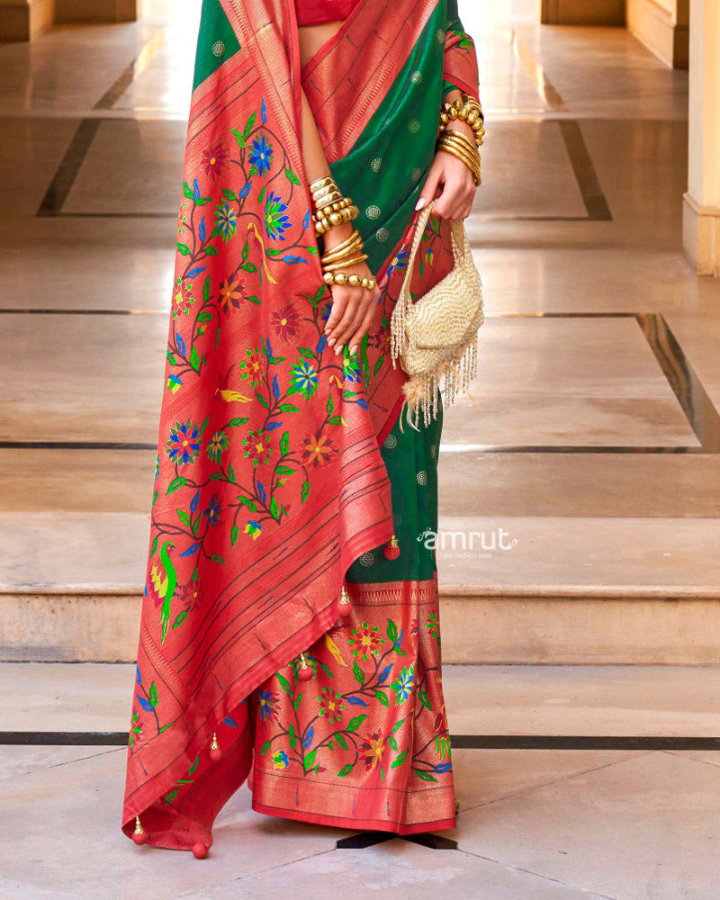 Dark Green Paithini Design Cotton Silk Saree With Unstitched Blouse