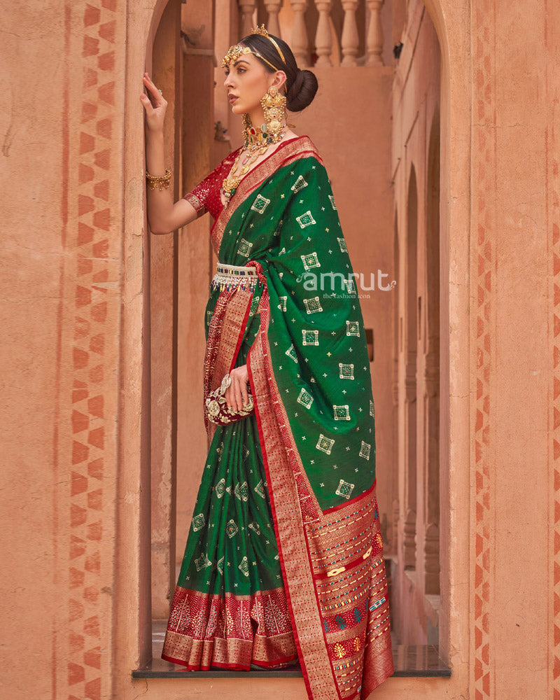 Dark Green Printed Pure Patola Saree With Red Contrast Pallu