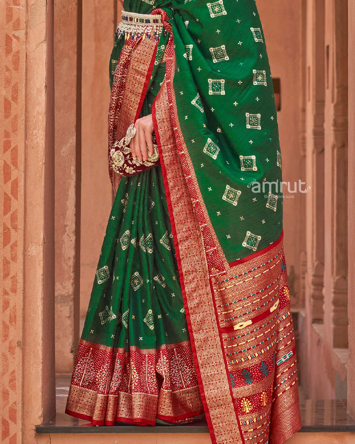 Dark Green Printed Pure Patola Saree With Red Contrast Pallu
