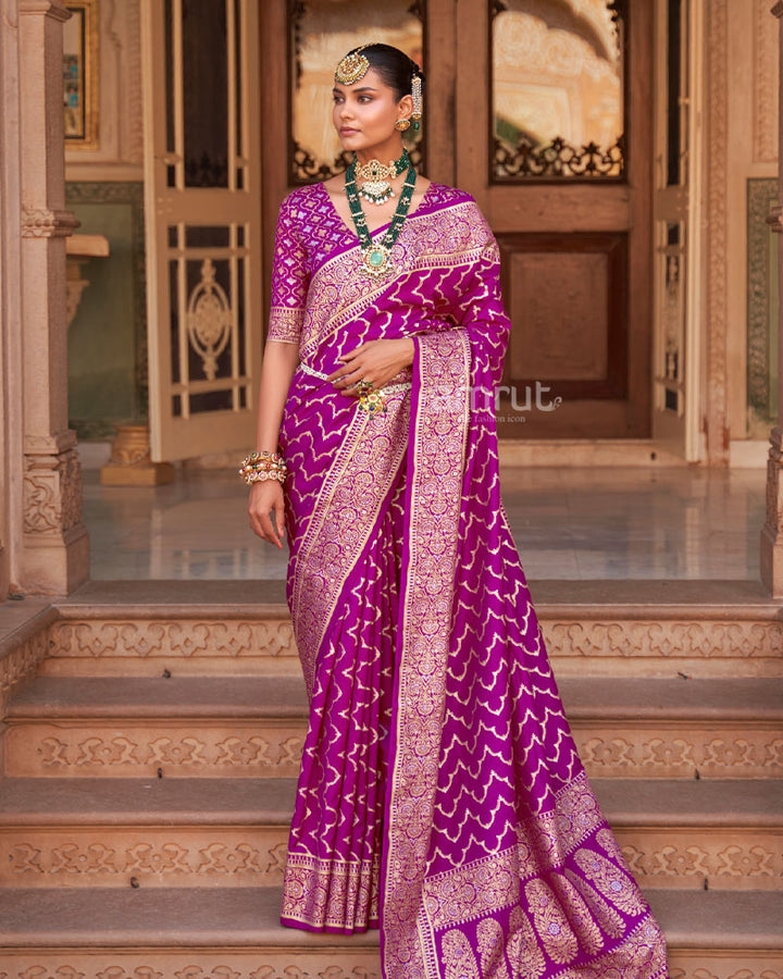 Dark Magenta Foil Printed Silk Saree With Floral Printed Border