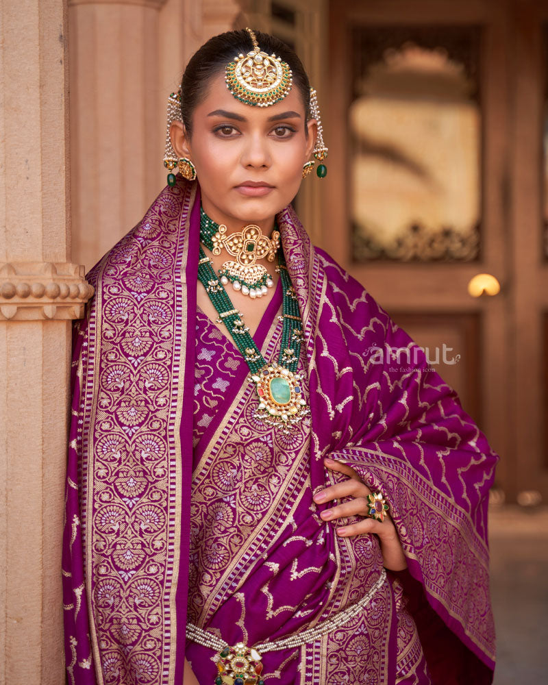 Dark Magenta Foil Printed Silk Saree With Floral Printed Border