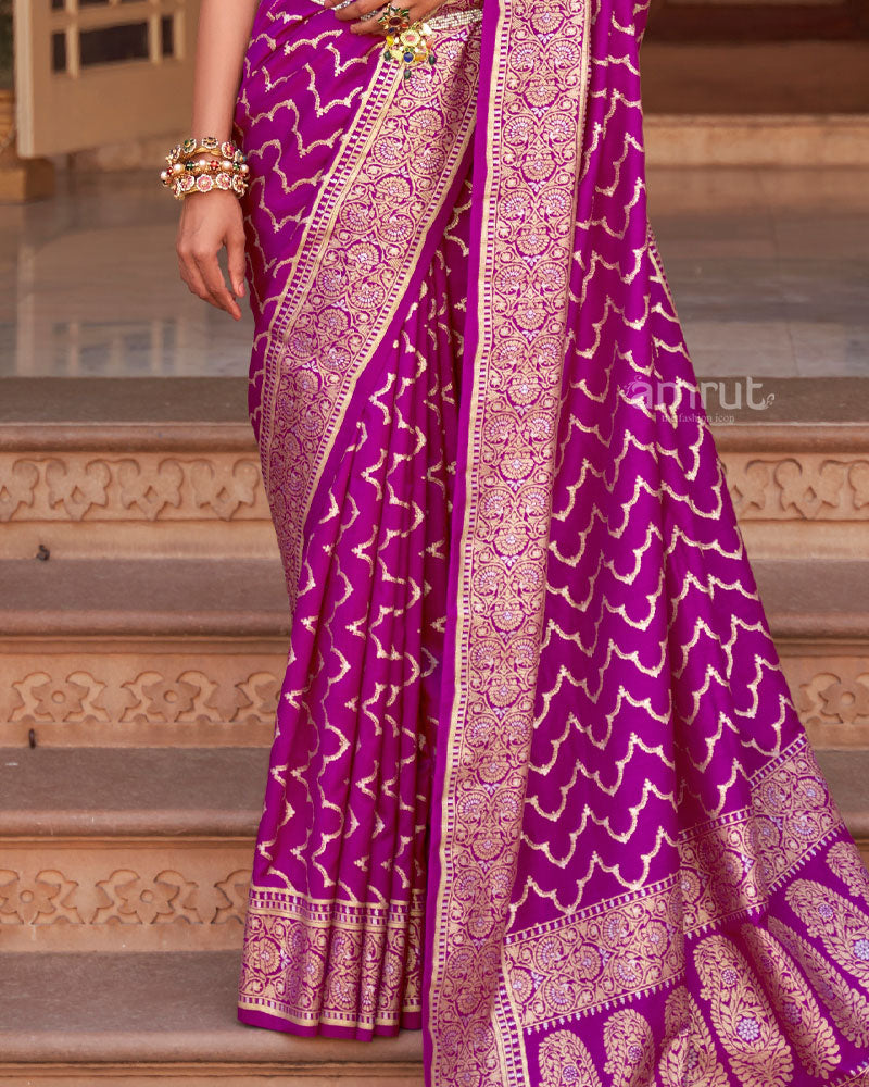 Dark Magenta Foil Printed Silk Saree With Floral Printed Border