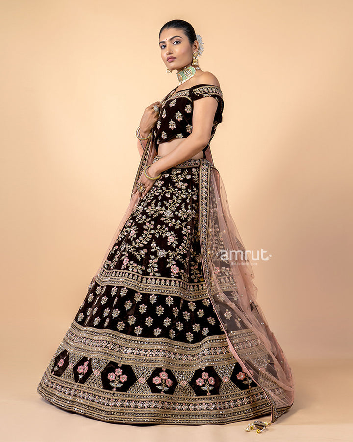 Dark Maroon Velvet Unstitched Lehenga Choli for Bride With Dupatta