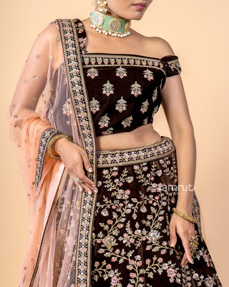 Dark Maroon Velvet Unstitched Lehenga Choli for Bride With Dupatta