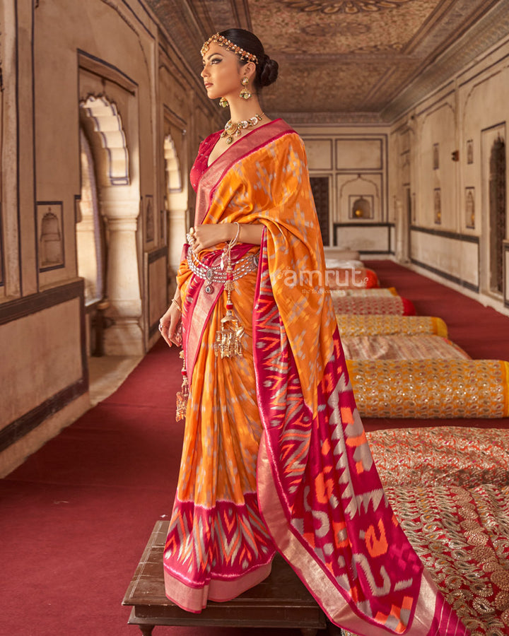 Dark Orange Ikat Pure Patola Printed Silk Saree With Contrast Pallu
