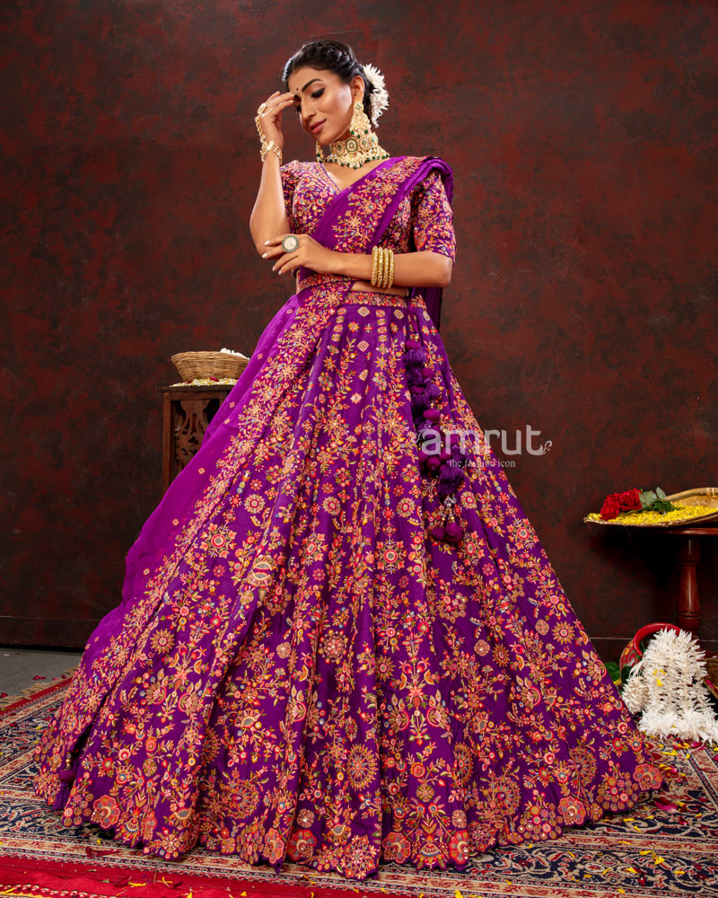 Dark Orchid Floral Embroidered  Lehenga Choli With Dupatta