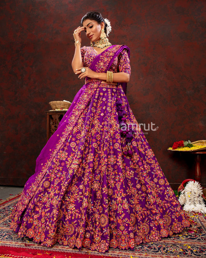 Dark Orchid Floral Embroidered  Lehenga Choli With Dupatta