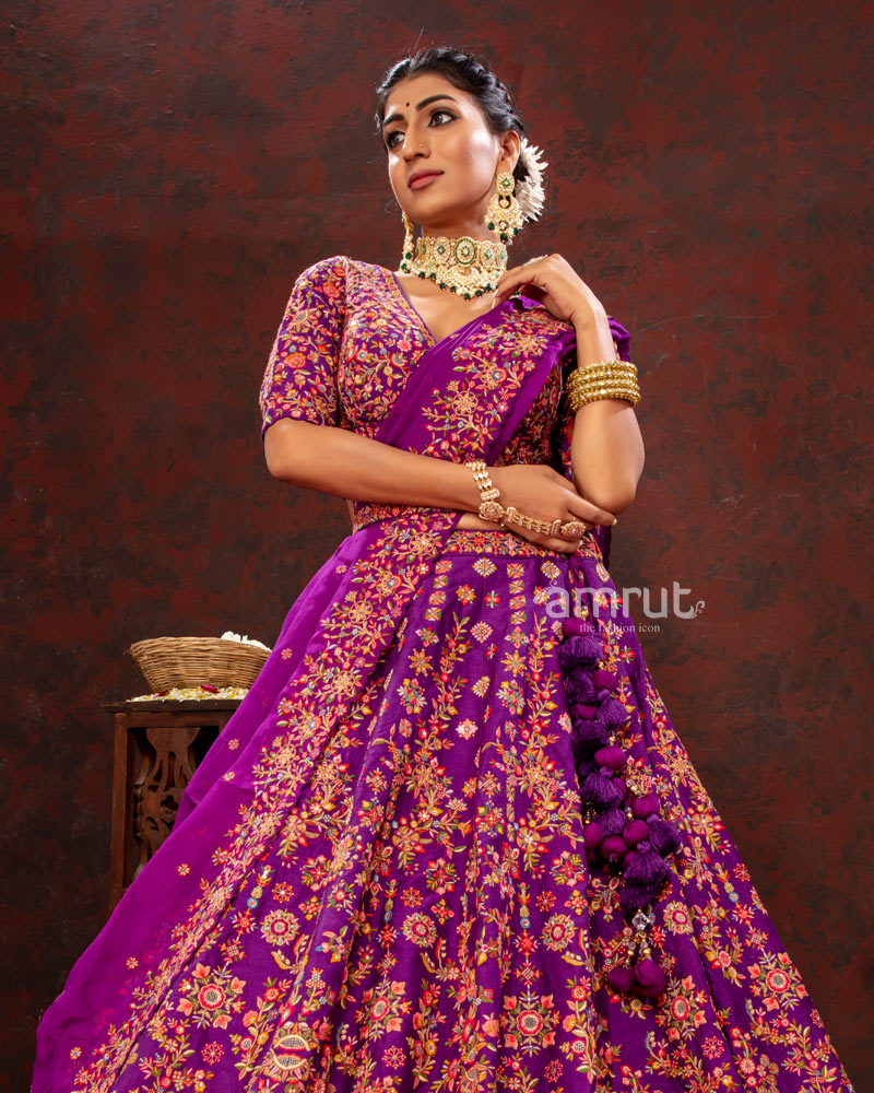 Dark Orchid Floral Embroidered  Lehenga Choli With Dupatta