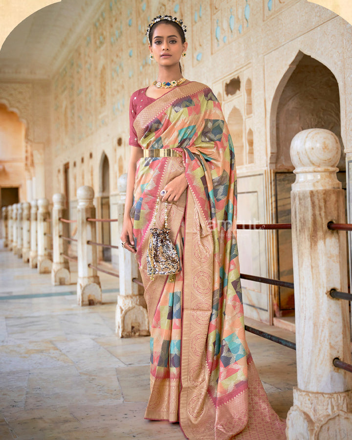 Dark Peach Digital Printed Silk Saree With Zari Woven Border