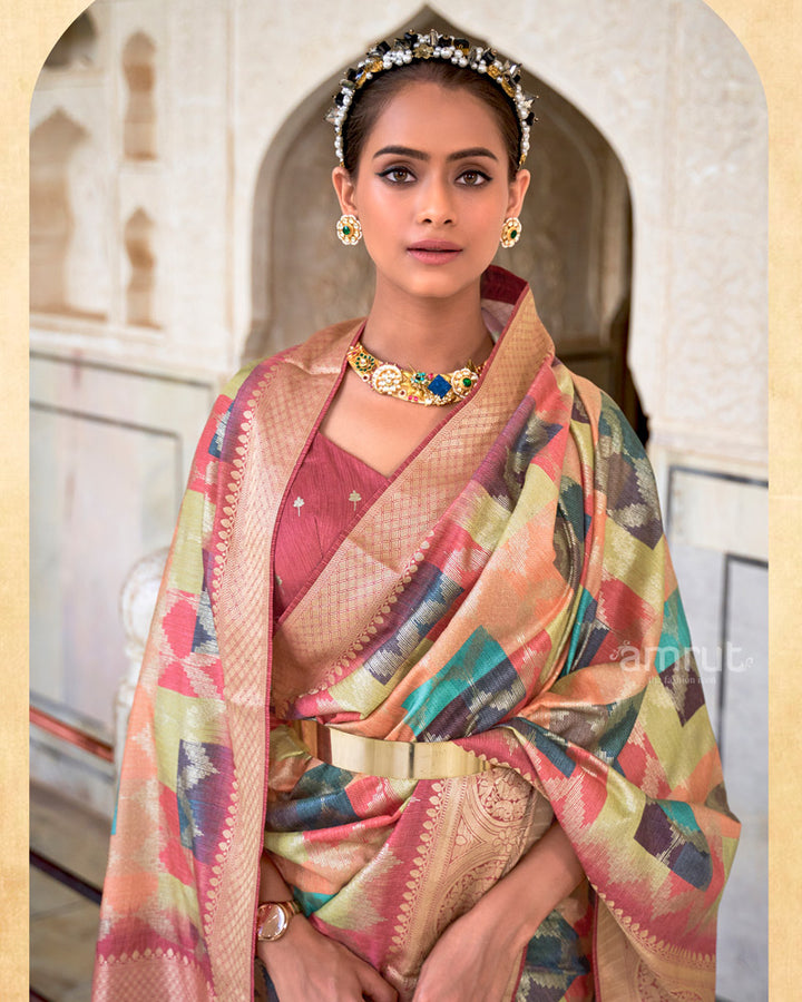 Dark Peach Digital Printed Silk Saree With Zari Woven Border