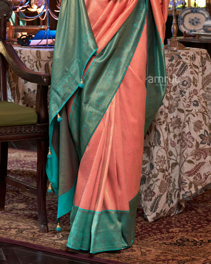 Dark Peach Silk Saree With Unstitched Blouse