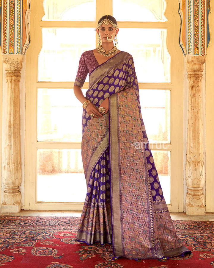 Dark Purple Banarasi Saree with Print Work Art and Unstitched Blouse - AMRUT