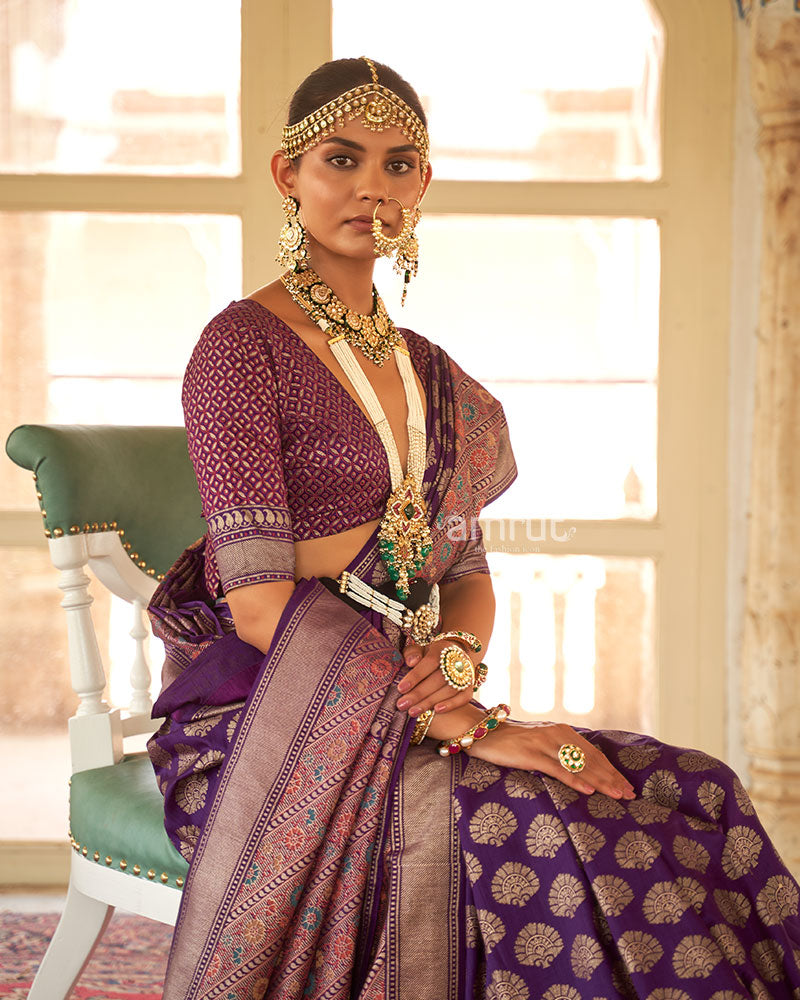 Dark Purple Banarasi Saree with Print Work Art and Unstitched Blouse