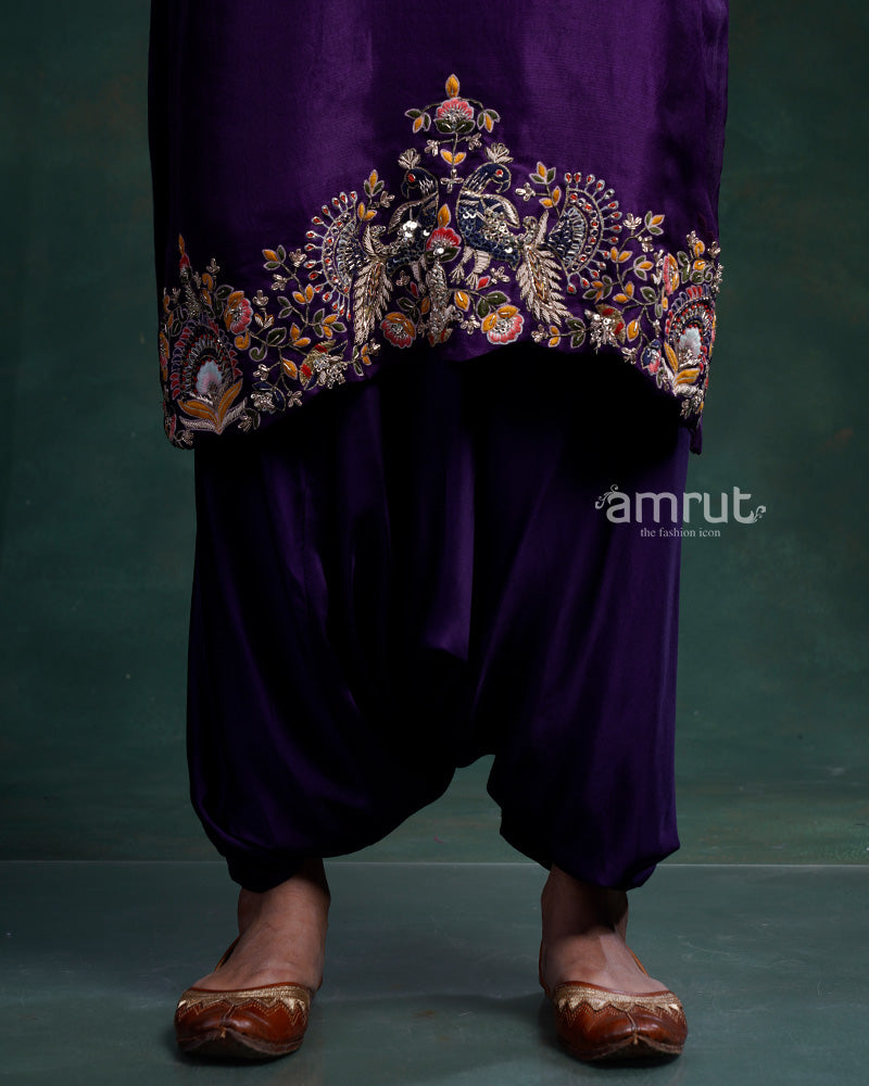 Dark Purple Net Embroidered Straight Cut Patiala Suit