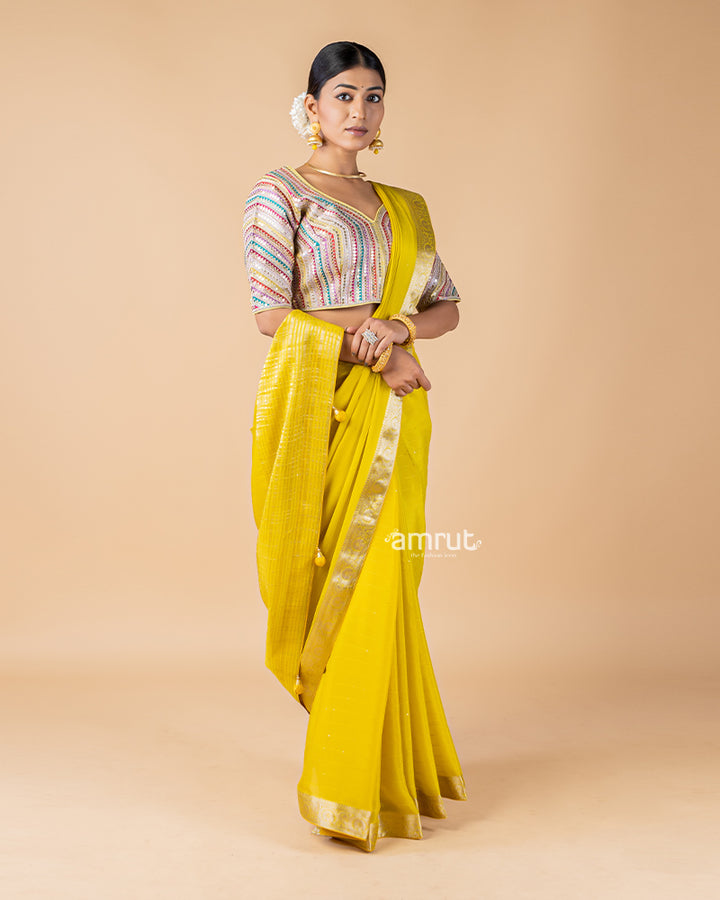 Dark Yellow Saree With Stitched Blouse In Chiffon