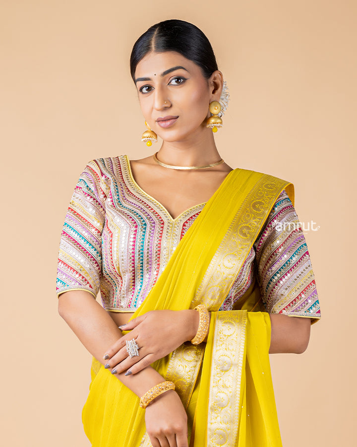 Dark Yellow Saree With Stitched Blouse In Chiffon