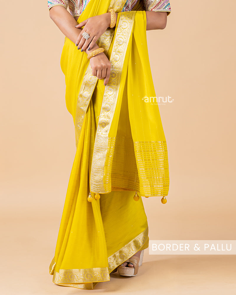 Dark Yellow Saree With Stitched Blouse In Chiffon