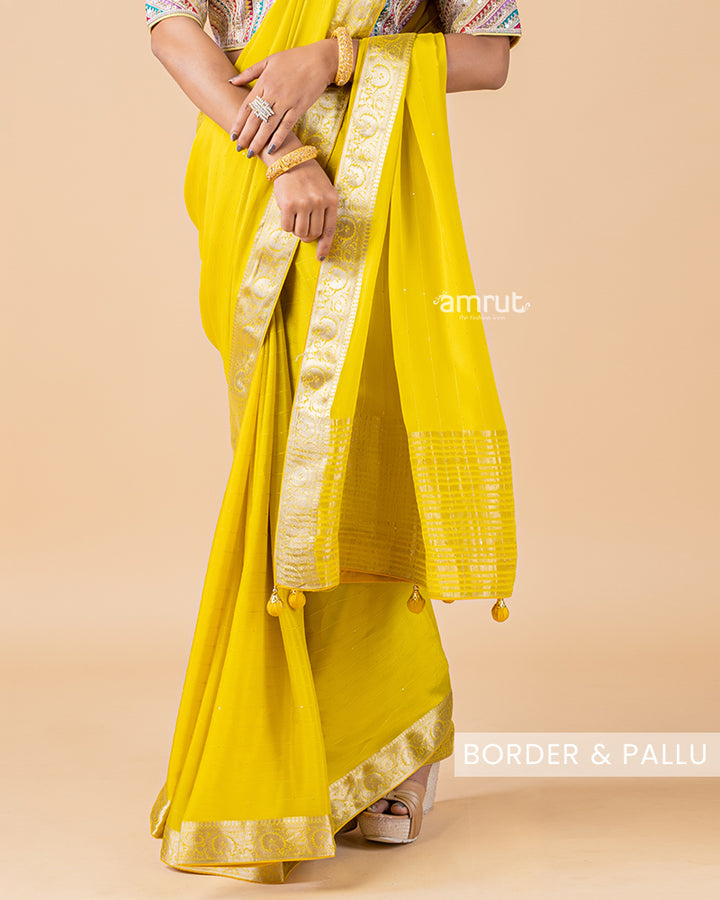 Dark Yellow Saree With Stitched Blouse In Chiffon