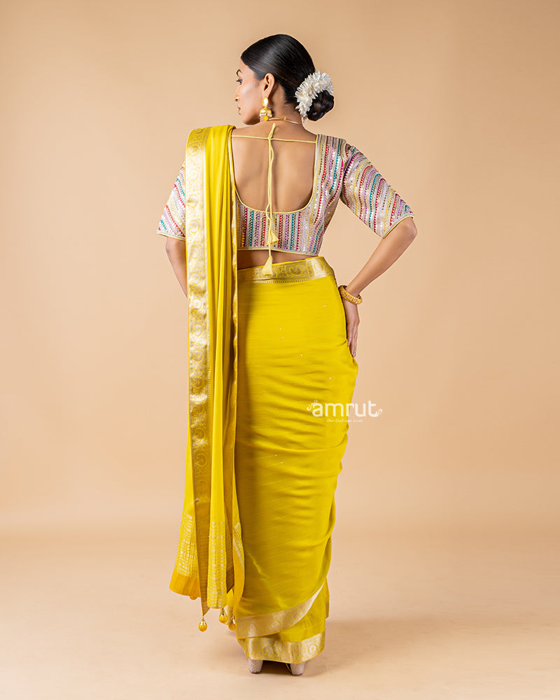 Dark Yellow Saree With Stitched Blouse In Chiffon