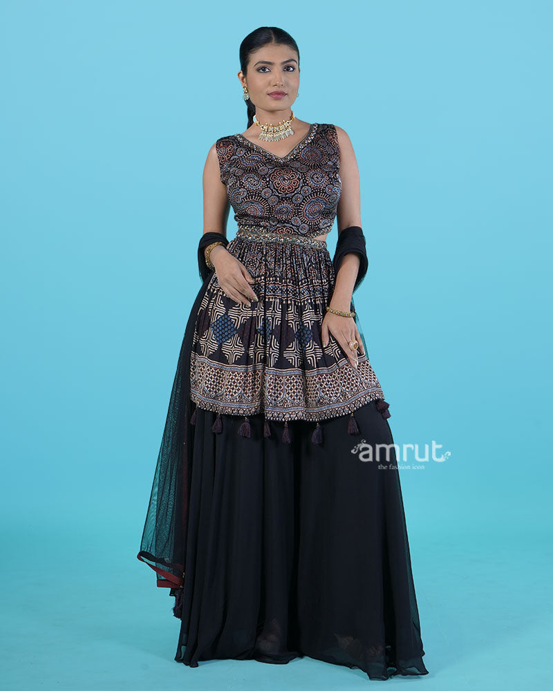 Dark Black Block Print Sleeveless Top with Palazzo Pants and Tassel Embellished Dupatta 01
