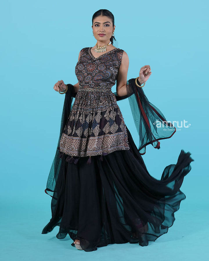 Dark Black Block Print Sleeveless Top with Palazzo Pants and Tassel Embellished Dupatta 06