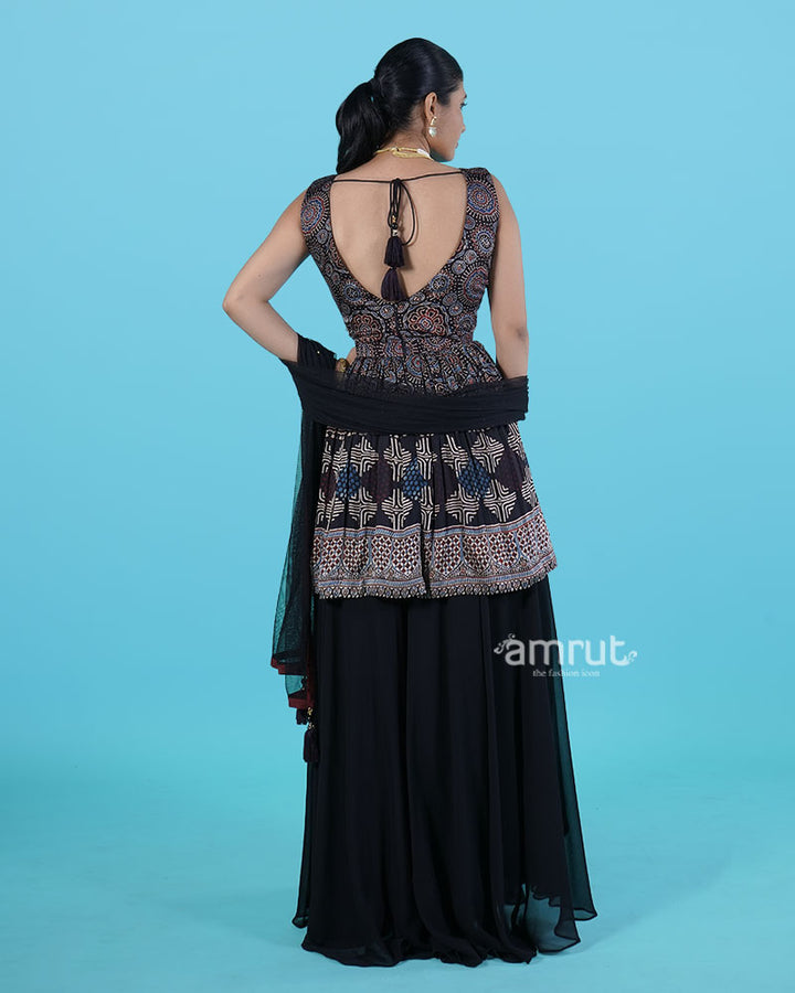 Dark Black Block Print Sleeveless Top with Palazzo Pants and Tassel Embellished Dupatta 07