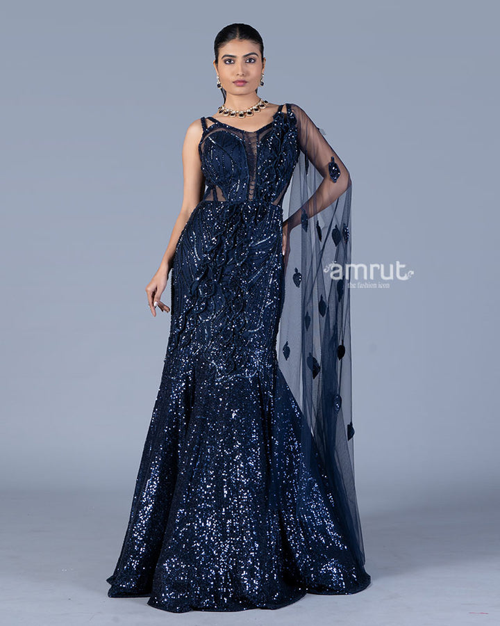 Dark Blue Sequined Mermaid Gown with One Side Cape  01