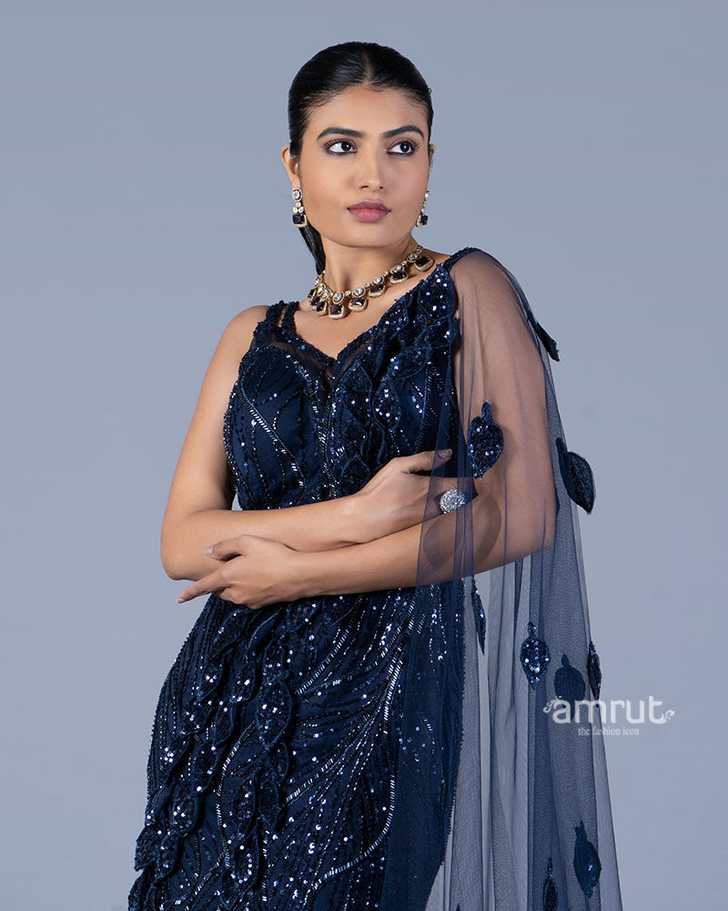 Dark Blue Sequined Mermaid Gown with One Side Cape  02