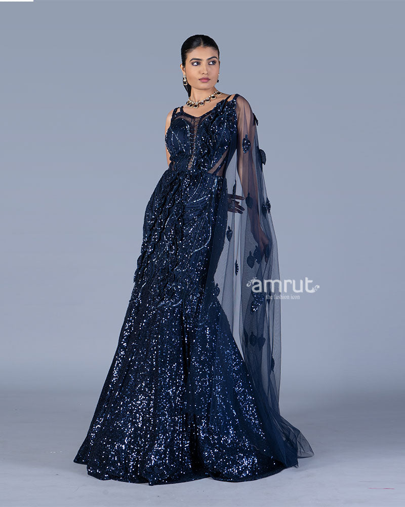 Dark Blue Sequined Mermaid Gown with One Side Cape  04