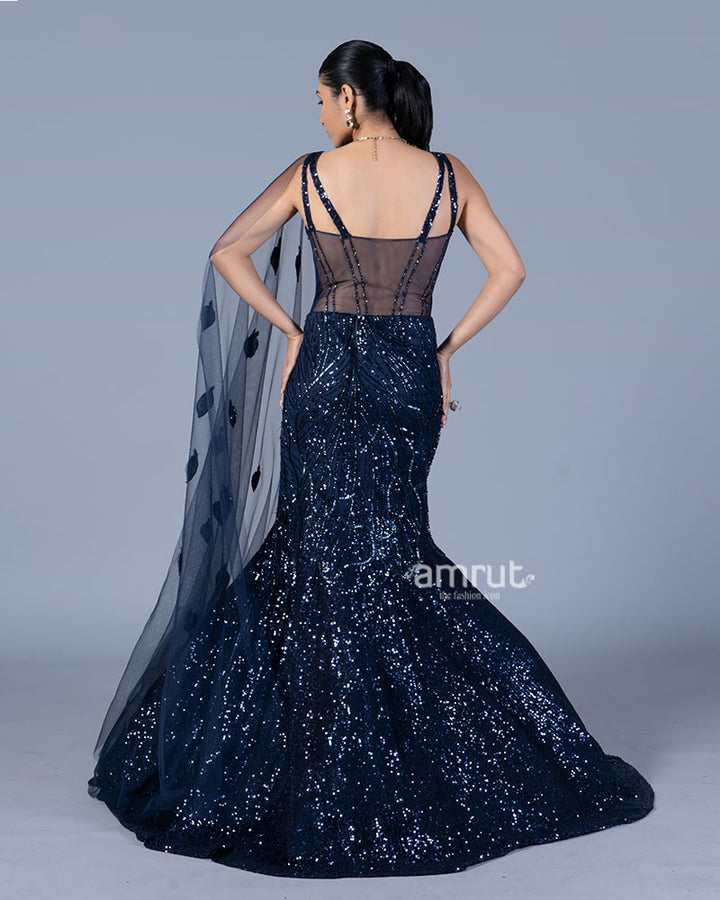 Dark Blue Sequined Mermaid Gown with One Side Cape  05