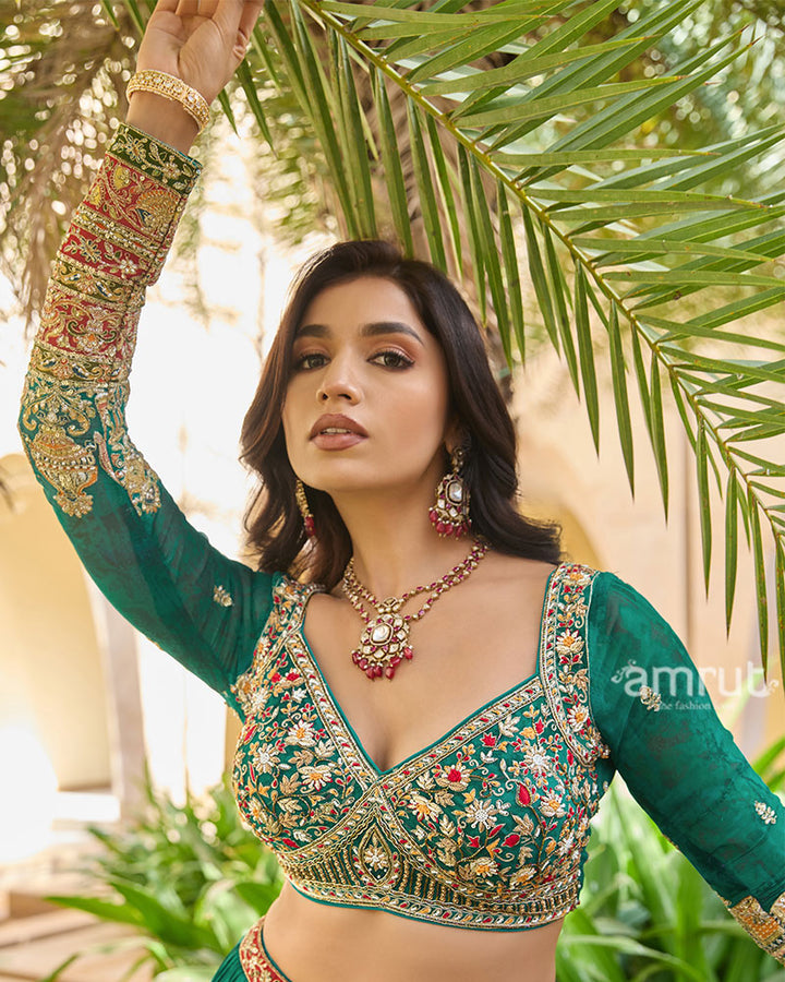 Dark Green Elephant Motif Intricate Embroidered Lehenga Choli with Maroon Dupatta 02