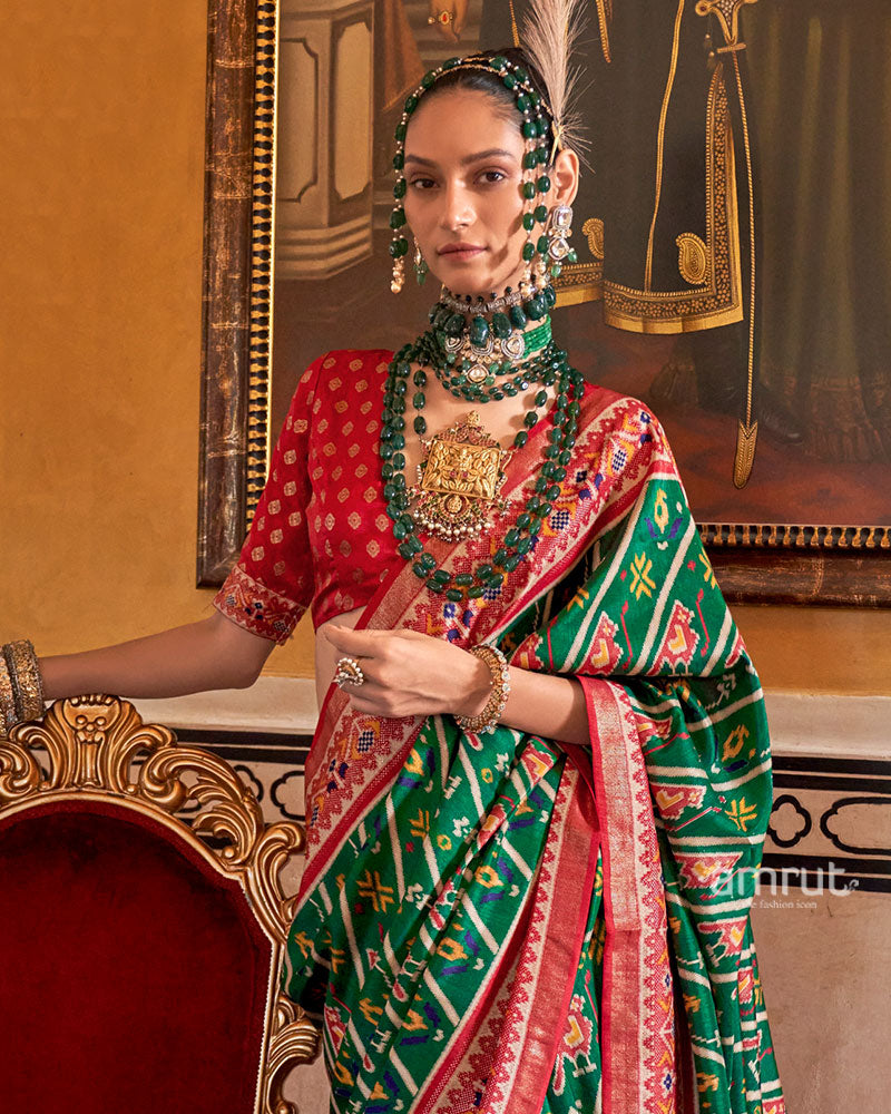 Dark Green Patola Printed Silk Saree with Unstitched Blouse 02