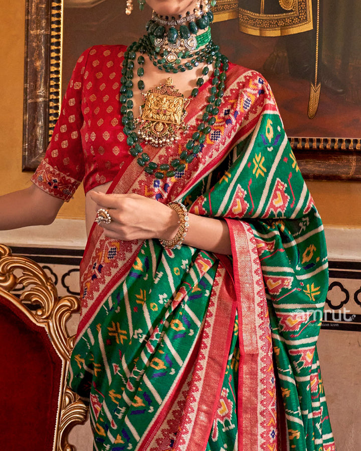 Dark Green Patola Printed Silk Saree with Unstitched Blouse 03