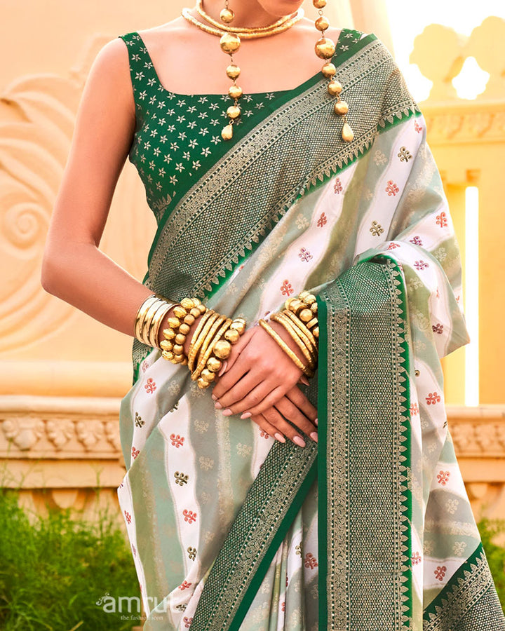 Dark Green Printed Silk Saree with Unstitched Blouse 03