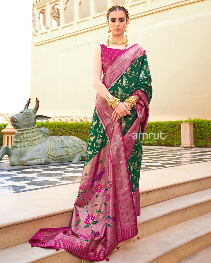 Dark Green and Pink contrast Border Zari weaving Paithani Silk Saree with Unstitched Blouse 01