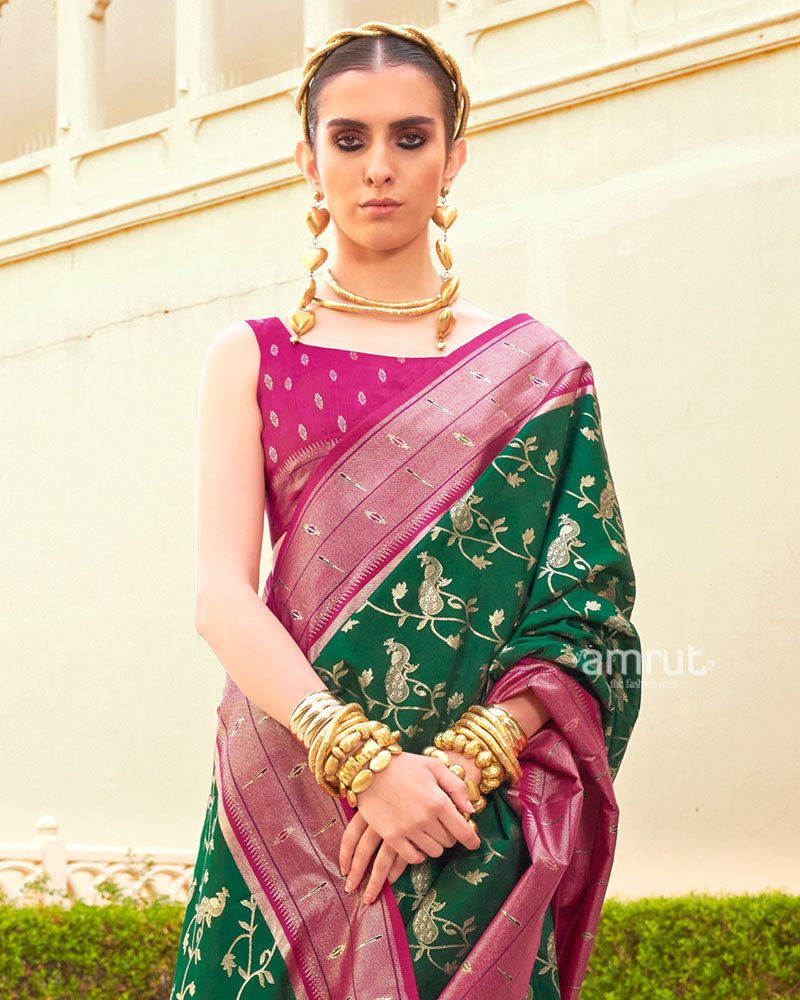 Dark Green and Pink contrast Border Zari weaving Paithani Silk Saree with Unstitched Blouse 02